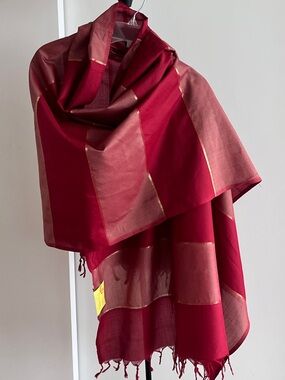 NWT Nalli Shawl Wrap Dupatta Scarf Burgundy Wine 🍷 Gold Zari Striped 88"